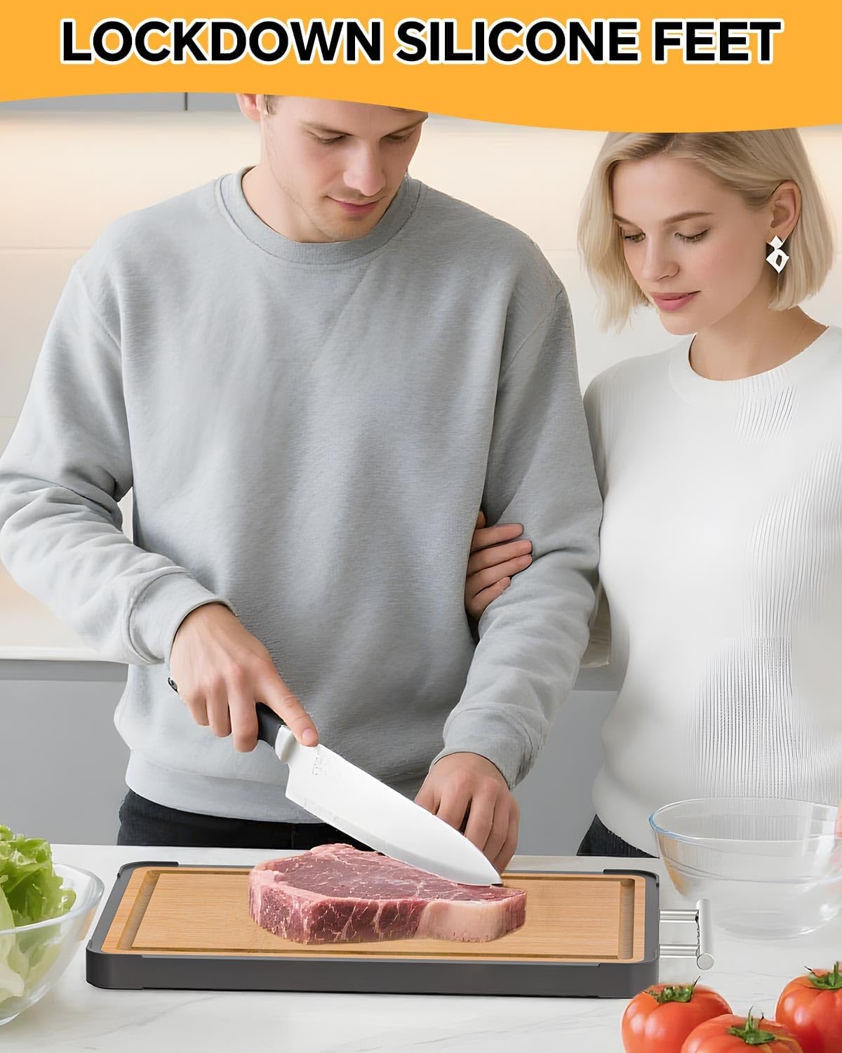 Cutting Boards for Kitchen - Food Grade Double Sided Pure Titanium& Bamboo Chopping Board with Handle, Slip resistant Non-toxic Charcuterie Board