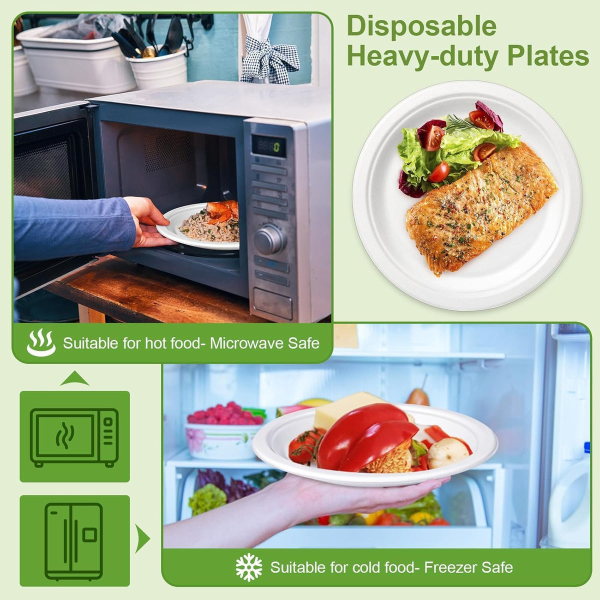 100% Compostable 5X Stronger Round 9-Inch 125 Count & 10-Inch 150Count Paper Plates| Disposable Biodegradable Bagasse Microwave-Safe, Soak-Proof, Cut