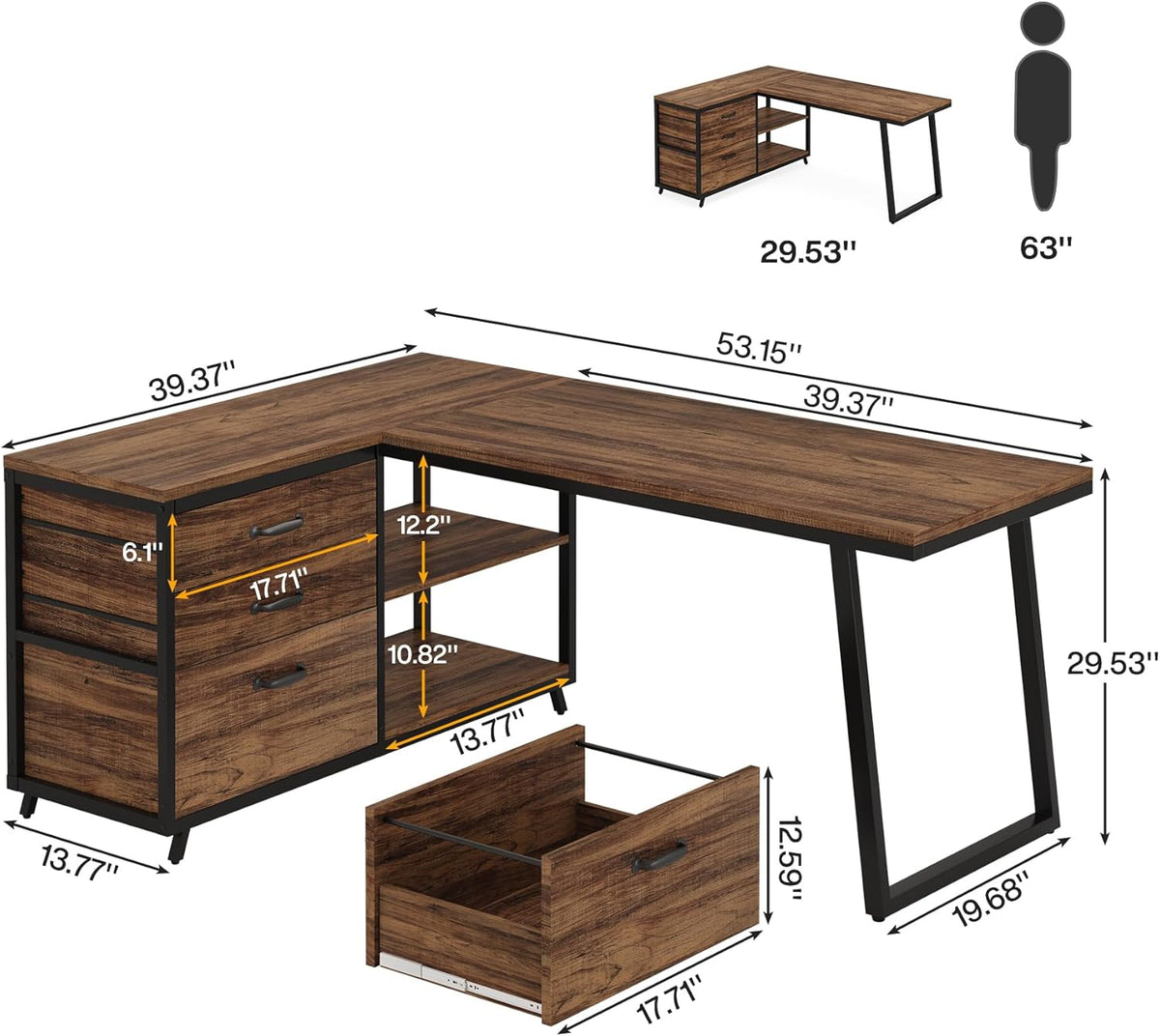 Tribesigns L-Shaped Computer Desk with 3 Drawers, Reversible Corner Home Office Desk with Shelves, 53-Inch Industrial PC Desk Study Writing Table