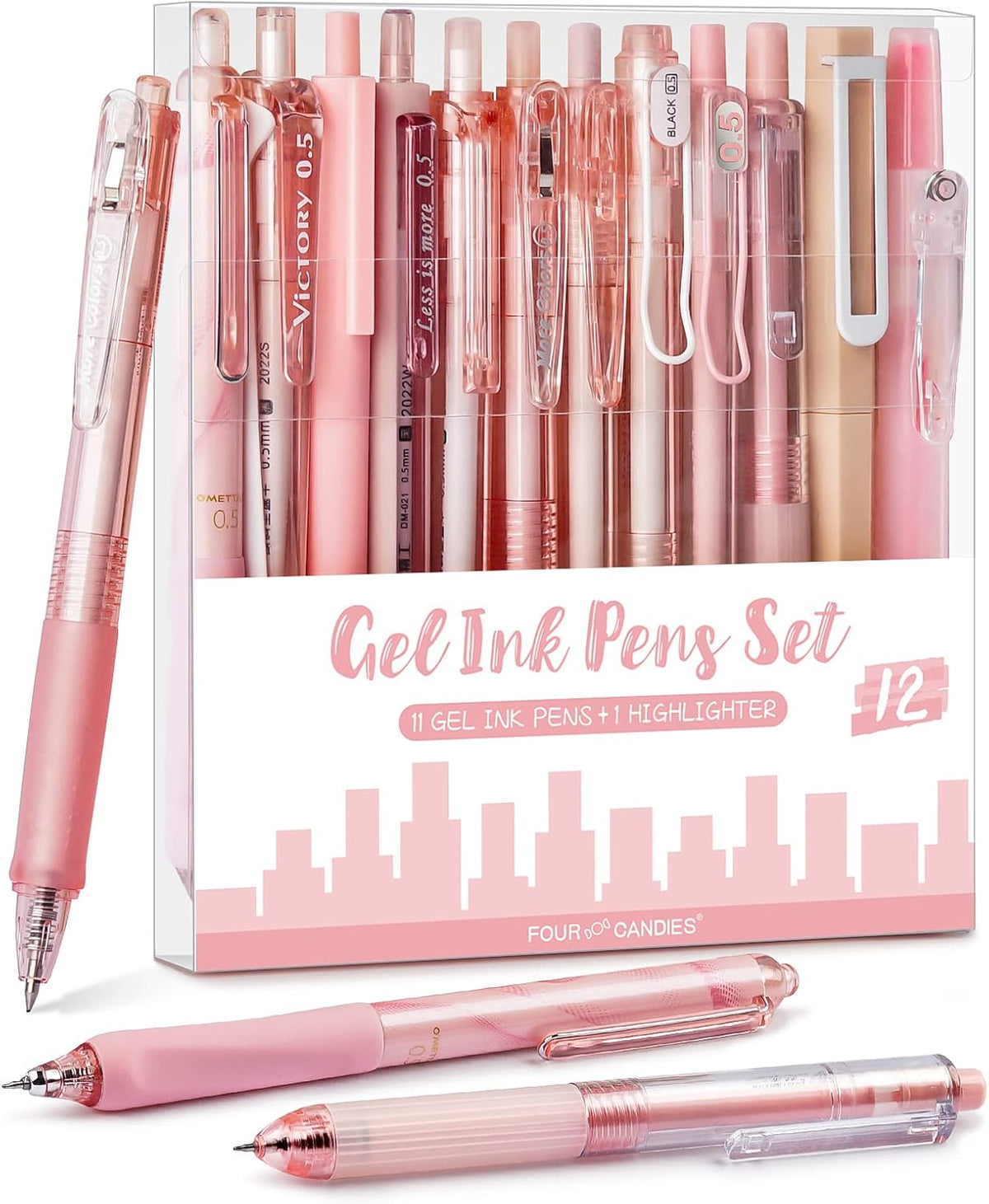 Four Candies Rose Series Gel Pens, Cute Writing Pens with Black & Pink Ink, 0.5 mm Smooth Fine Point, School Office Supplies Girly Stationery