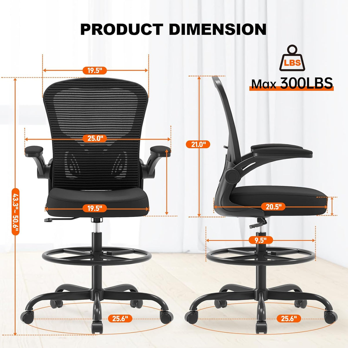 Ergonomic Drafting Chair, Tall Office Chair with Flip-up Armrests, Breathable Mesh High Desk Chair with Lumbar Support Adjustable Footrest Ring for