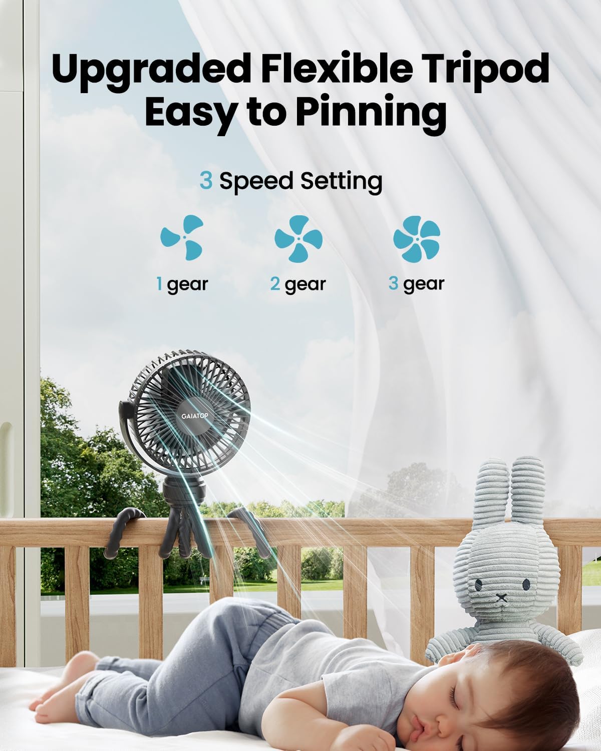 Gaiatop Mini Portable Stroller Fan, Battery Operated Small Clip on, Detachable 3 Speed Rechargeable, 360° Rotate Flexible Tripod Better Cooling for