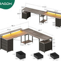 AODK 66" L Shaped Desk, 113" Computer Desk with File Cabinet & 4 Fabric Drawers, Home Office Desk with Monitor Shelf & Power Outlet, Two Person Desk