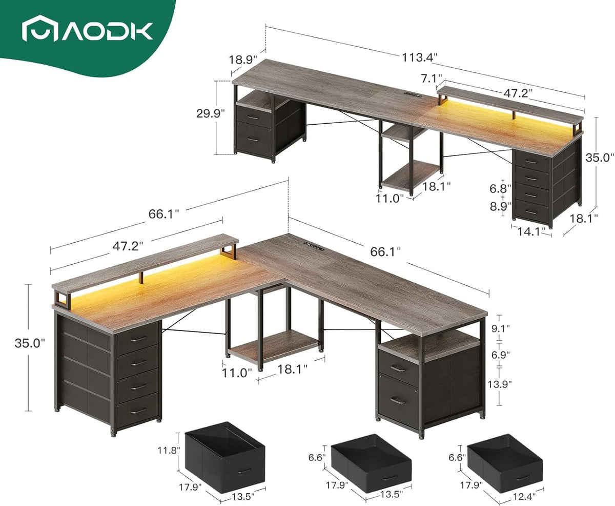 AODK 66" L Shaped Desk, 113" Computer Desk with File Cabinet & 4 Fabric Drawers, Home Office Desk with Monitor Shelf & Power Outlet, Two Person Desk