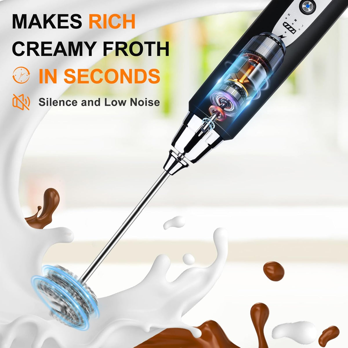 YUSWKO Black Handheld Milk Frother Wand for Coffee, Rechargeable Electric Whisk with 3 Heads 3 Speeds Drink Mixer Coffee Frother For Latte