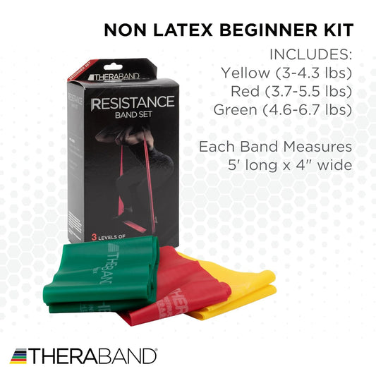 THERABAND Resistance Bands Set, Beginner Kit, Yellow, Red, Green, Non-Latex Elastic Bands for Exercise & Physical Therapy, Strength Training Bands