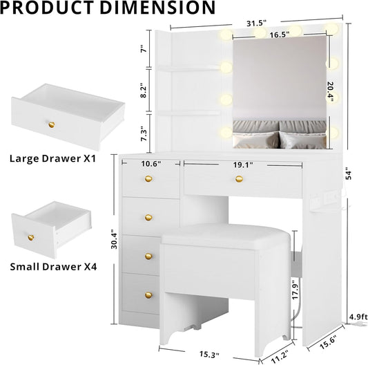IRONCK Vanity Desk with Mirror and Lights, Small Makeup Vanity Table with 5 Drawers, Power Outlet, and Vanity Stool, 3 Lighting Colors, Dressing