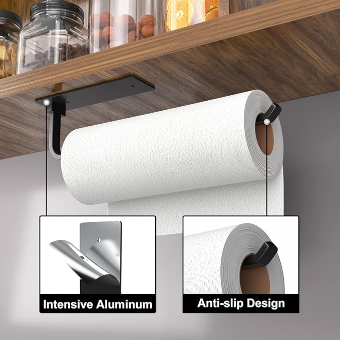 Paper Towel Holder - Self-Adhesive or Drilling, Matte Black, Upgraded Aluminum Kitchen Roll Dispenser Under Cabinet, Lighter but Stronger Than