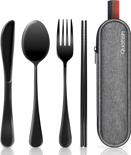 Travel Utensils with Case, Quatish Portable Silverware Set for Work, Stainless Steel Reusable Travel Cutlery Set, Fork and Spoon Set for Camping