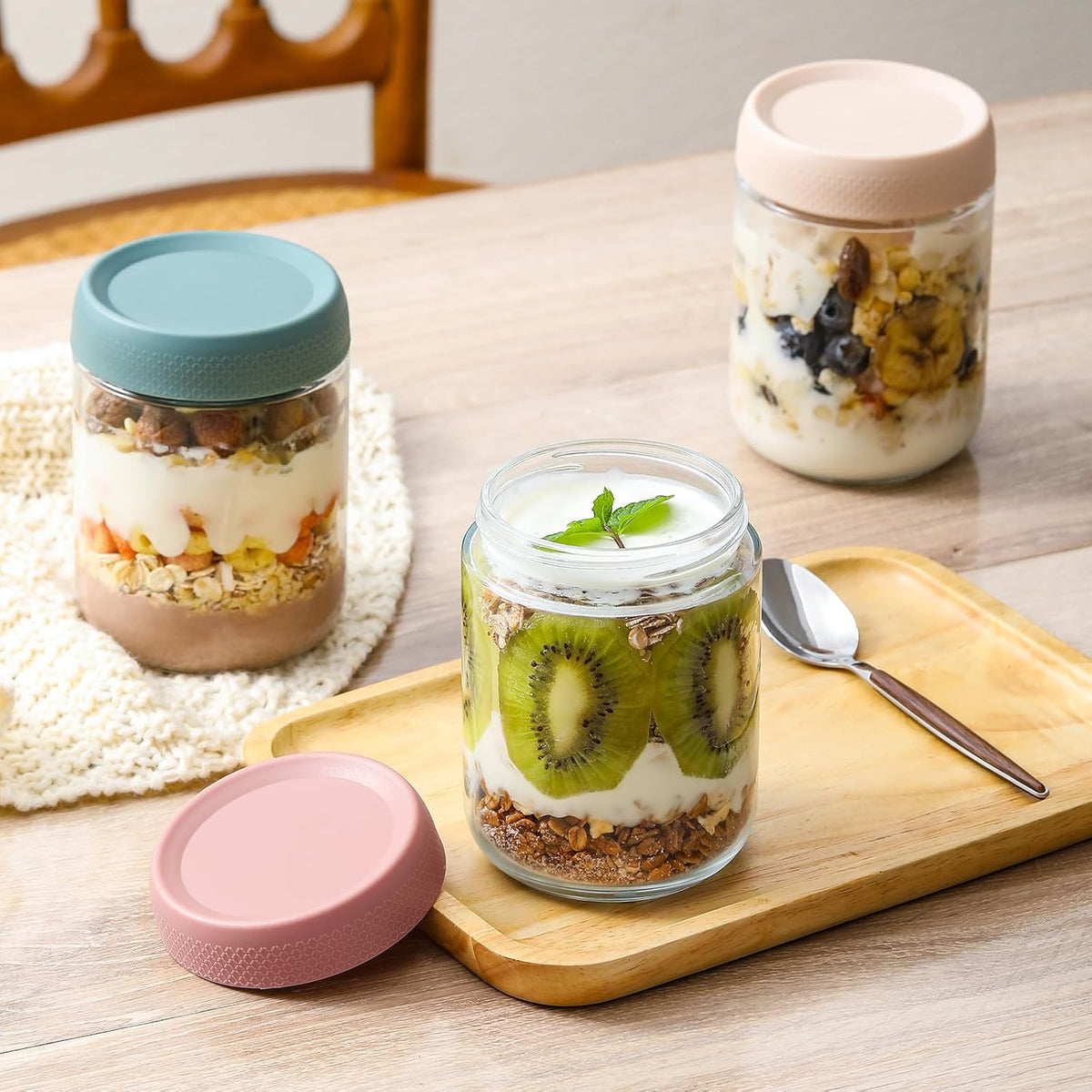 NETANY 6-pack 16 oz Overnight Oats Containers with Lids, Glass jars with Airtight Lids, Wide mouth Mason Salad jars, Glass Food Storage Containers