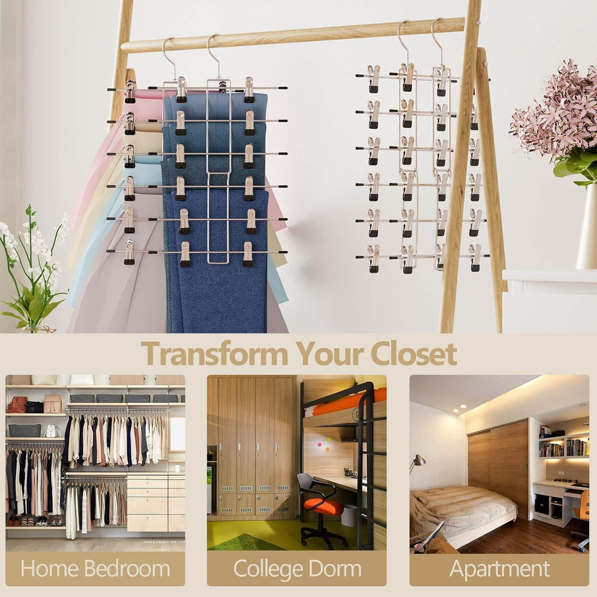Pants Hangers with Clips,Space Saving Hanging Closet Organizer-6 Tiers Skirt Hangers with 360° Swivel Hook,Closet Organizer-Clothes Hangers- College