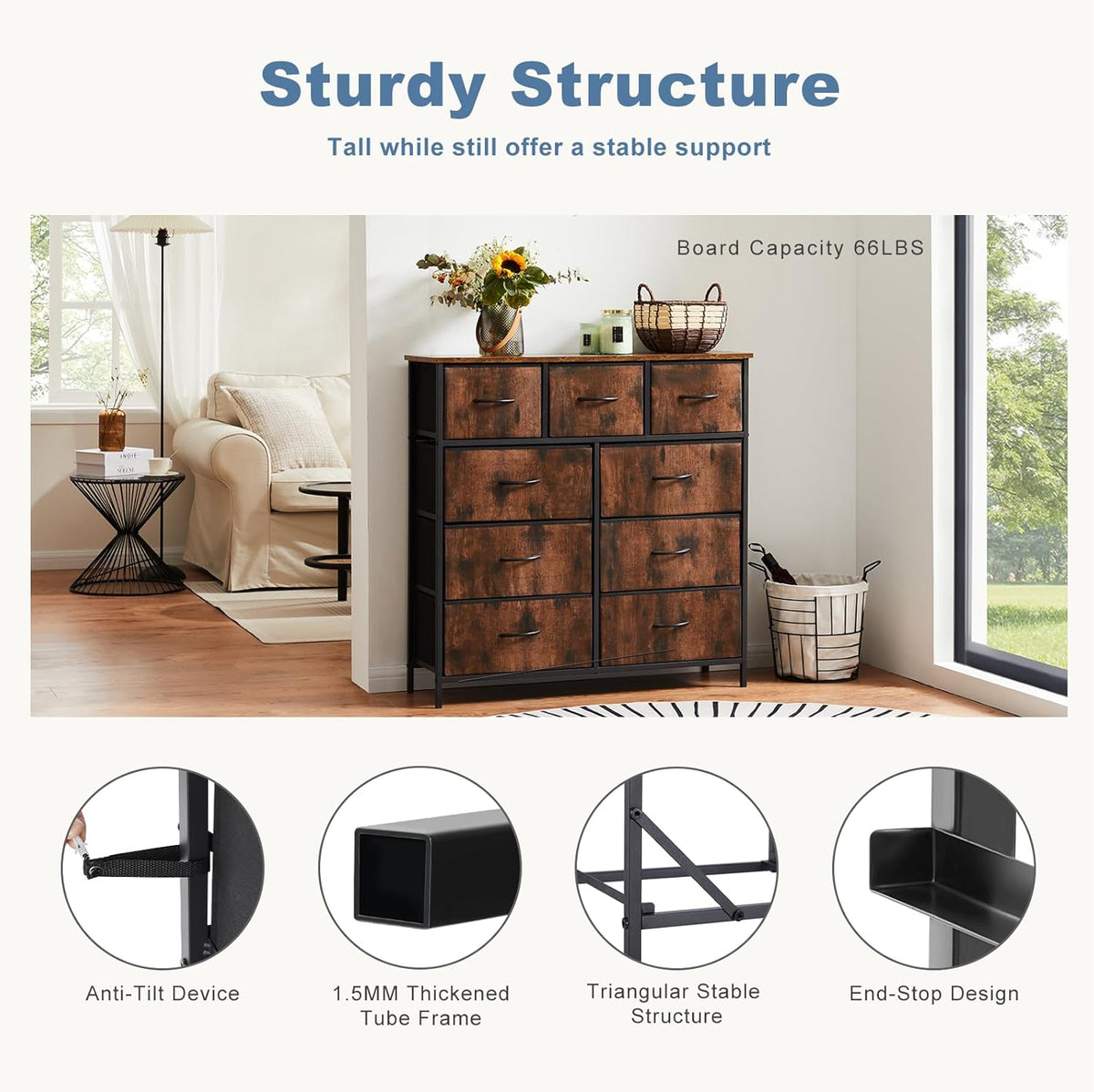 DUMOS Dresser for Bedroom, Storage Organizer with 9 Drawers, Chest of Drawers with Fabric Bins, Sturdy Metal Frame, Wood Tabletop for Guest Room