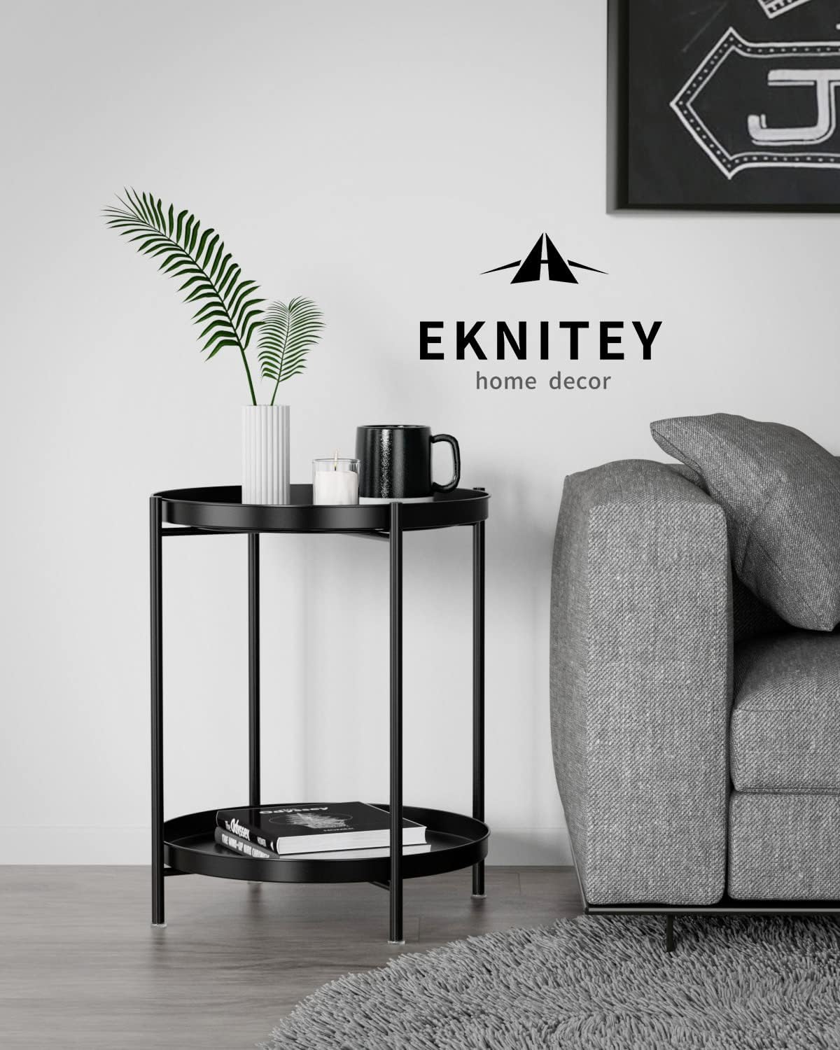 EKNITEY 2 Tier End Table - Metal Side Table Waterproof Small Sofa Coffee Side Tables Bedroom Indoor Outdoor with Removable Tray for Living Room