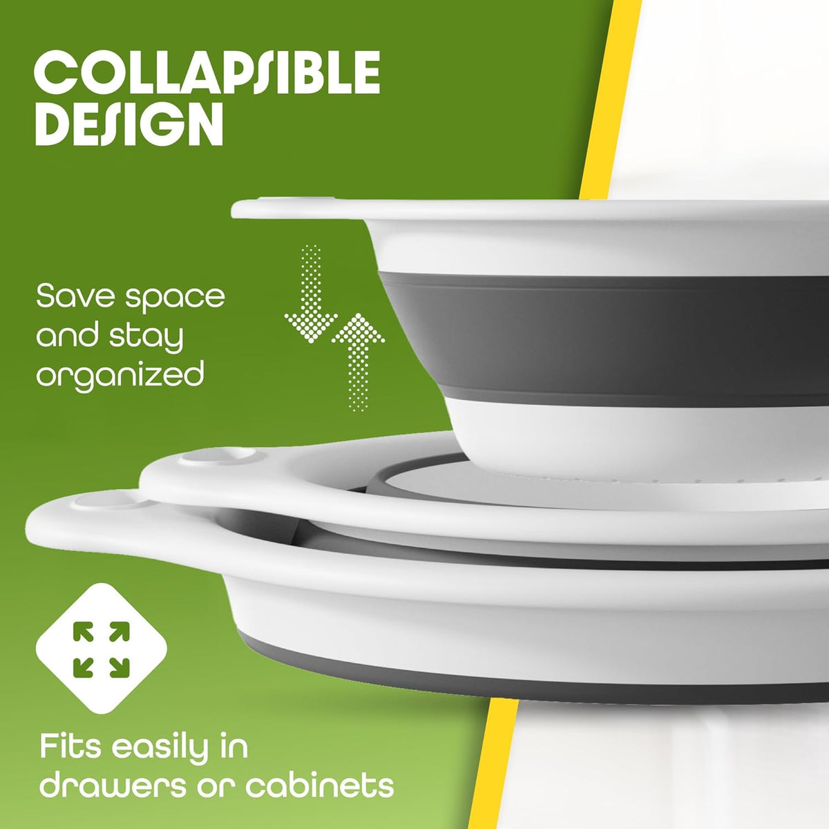 Collapsible Colanders (3 Pack Set) Food Strainers with Over-Sink Water Draining Base for Pasta Fruits and Vegetables (Patent Pending) White (3 Sizes