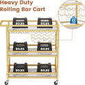 Leteuke Bar Cart for Home, 3 Tier Gold Serving Rolling Carts with Wheels, Drink Cart, Liquor Stand with Marbled Wooden Shelves, Wine Rack and Glass