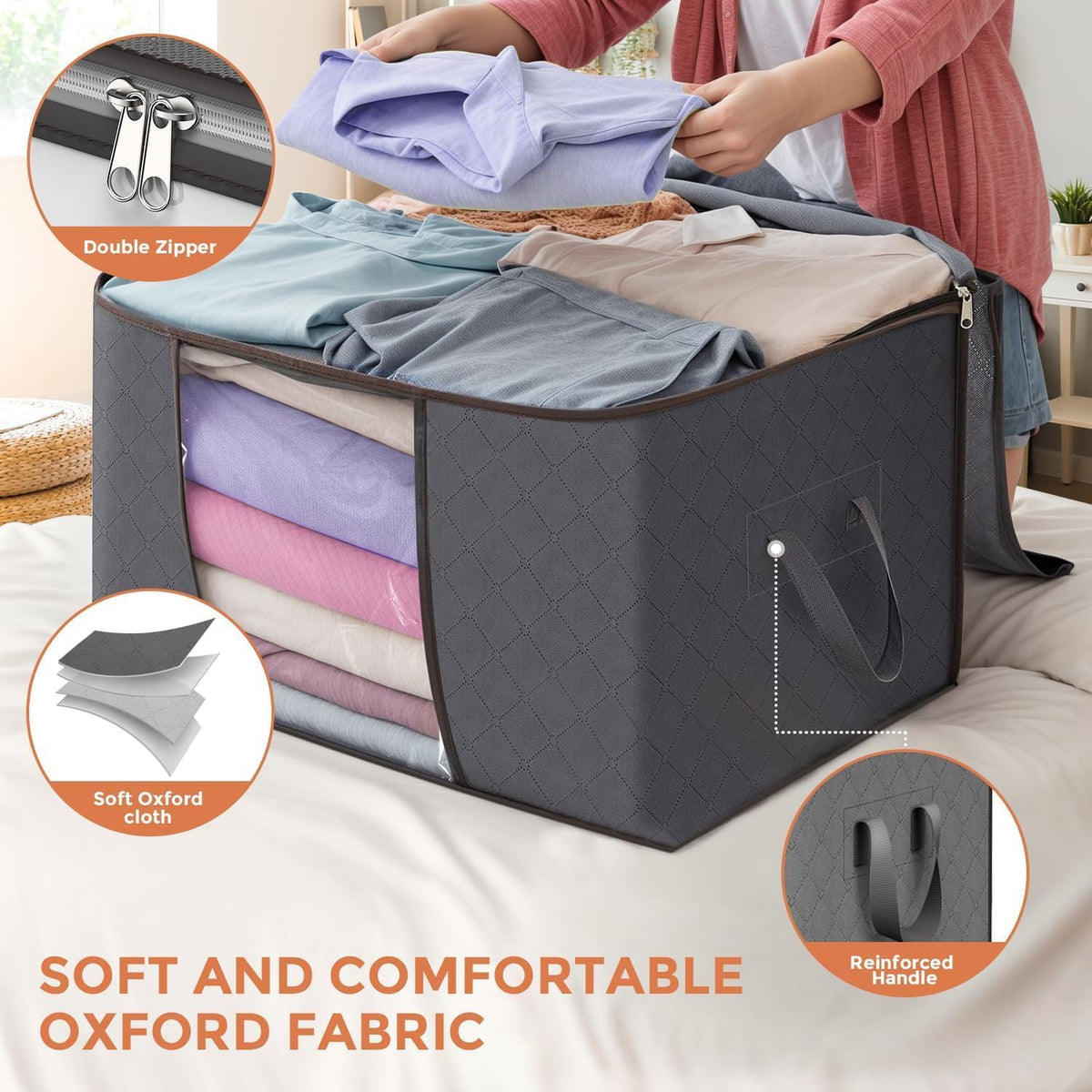 90 L Large Storage Bags, 6 Pack Clothes Storage Bins Foldable Closet Organizers Storage Containers with Reinforced Handle for Clothing, Blanket