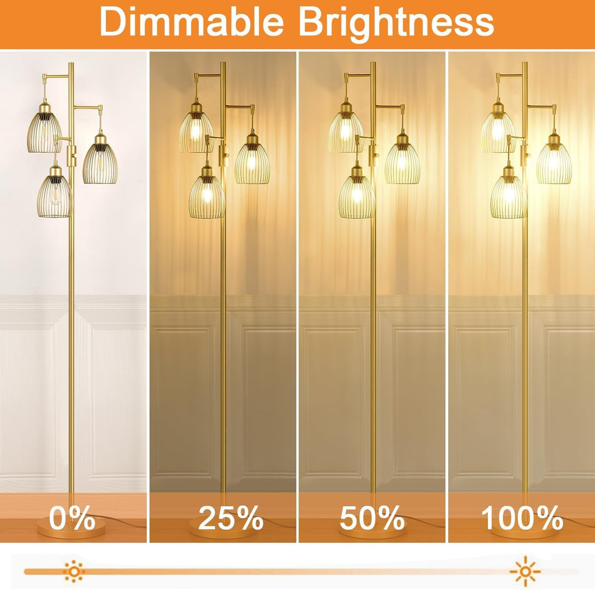 Dimmable Floor Lamp, Industrial Floor Lamps for Living Room, Gold Tree Lamp Standing Lamp Tall Lamps with 3 Elegant Teardrop Cage Head & 800 Lumens