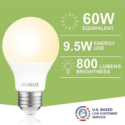 Sigalux LED Light Bulbs 60 Watt Equivalent A19 Standard Light Bulbs 2700K Warm, Non-Dimmable Energy Efficient 9.5W LED Soft White Bulb with E26