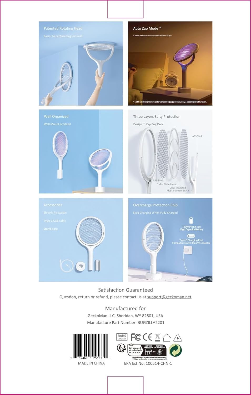 GeckoMan Rotating Head Electric Fly Swatter Racket Rechargeable Bug Zapper Racket Bug Zapper Indoor Fly Zapper Mosquito Zapper Flies Killer