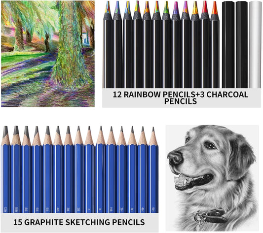PRINA 81 Drawing Set Sketching Kit, Pro Sketch Pencils Art Supplies with Rainbow, Colored, Graphite, Watercolor, Metallic, Charcoal Pencil