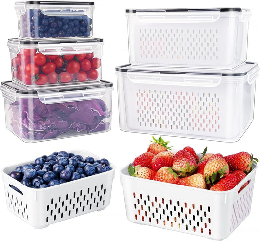 5 PCS Large Fruit Containers for Fridge - Leakproof Food Storage Containers with Removable Colander - Dishwasher & microwave safe Produce Containers