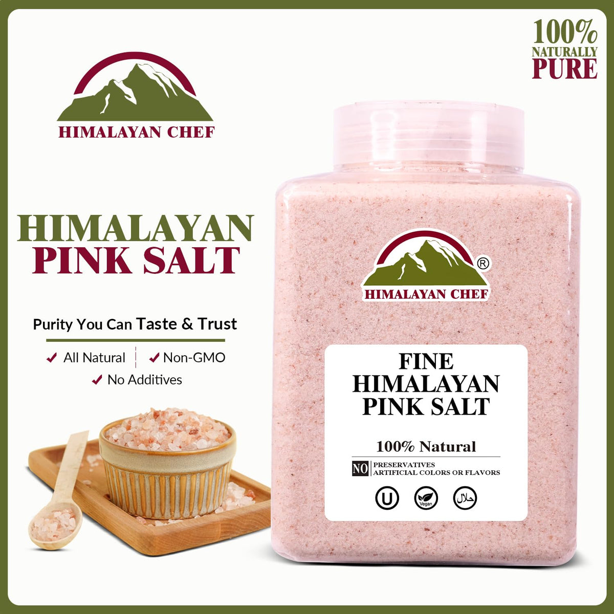 Himalayan Chef Pink Himalayan Salt Fine Grain, 5 lbs Plastic Jar - Pure, Natural, Kosher, Non-GMO, Mineral-Rich, for Cooking, Seasoning, Baking