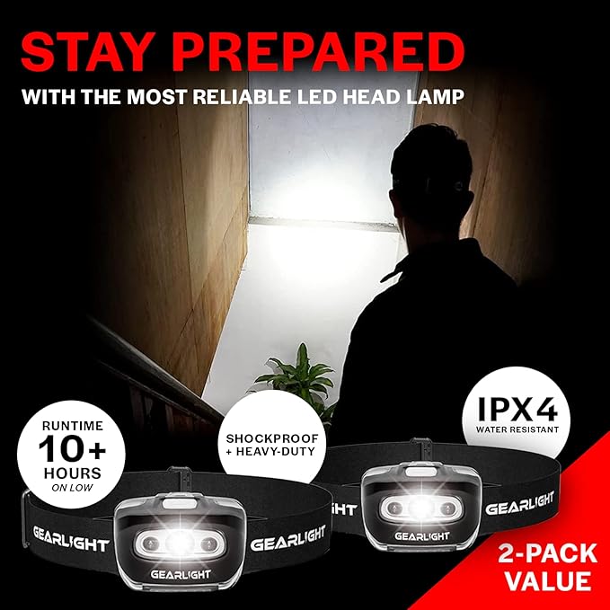 GearLight 2Pack LED Headlamp - Outdoor Camping Head Lamps with Adjustable Headband - Lightweight Battery Powered Bright Flashlight Headlight with 7