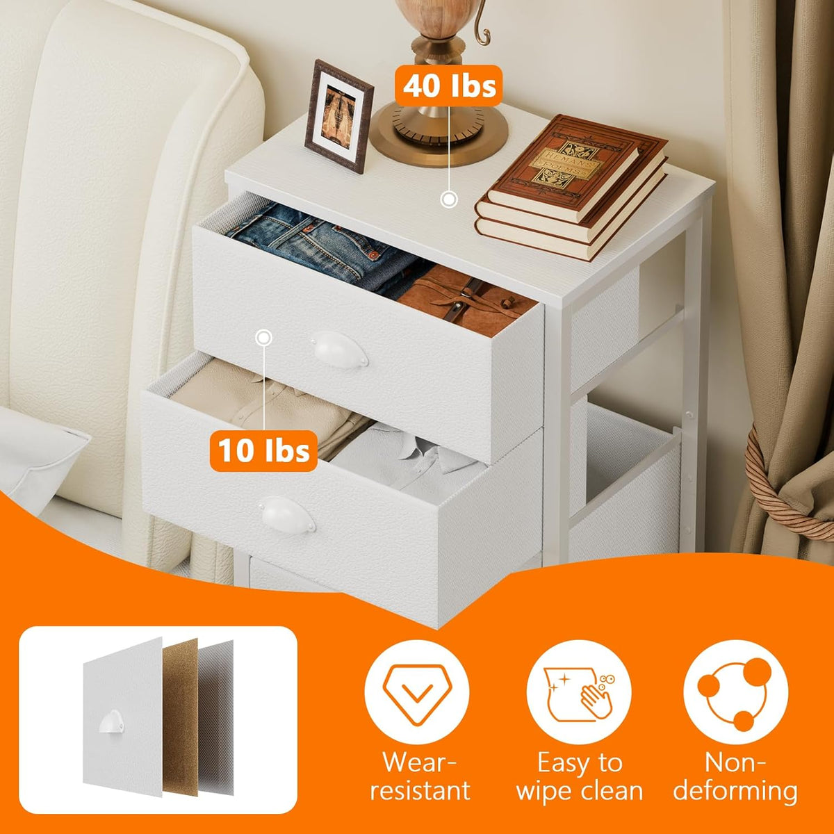 Furnulem White Tall Dresser for Bedroom,Vertical Storage Tower Unit and End Table with 6 Fabric Drawers, Nightstand Furniture with Drawer Organizer