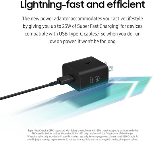 25W Wall Charger Power Adapter, Cable Not Included, Super Fast Charging, Compact Design, Energy Efficient, Compatible with Galaxy and USB Type C