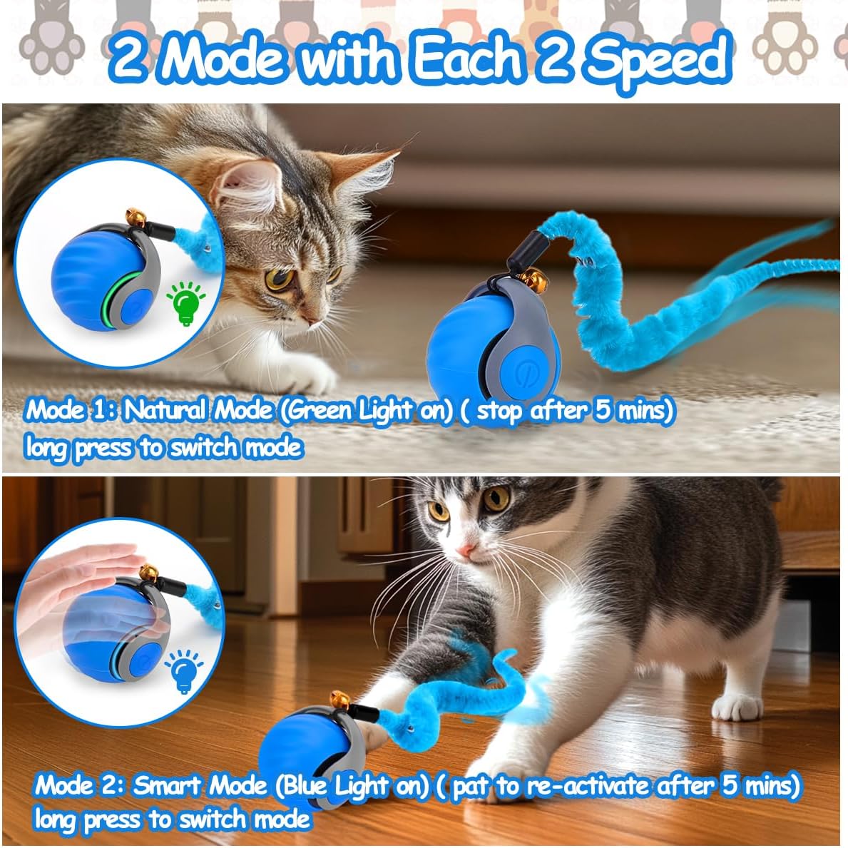 Interactive Cat Toy Ball - Speedy Cat Toys for Indoor Cats with Feather Tails for Chasing, Moving Stimulation Smart Cat Toy for Enrichment, Motion