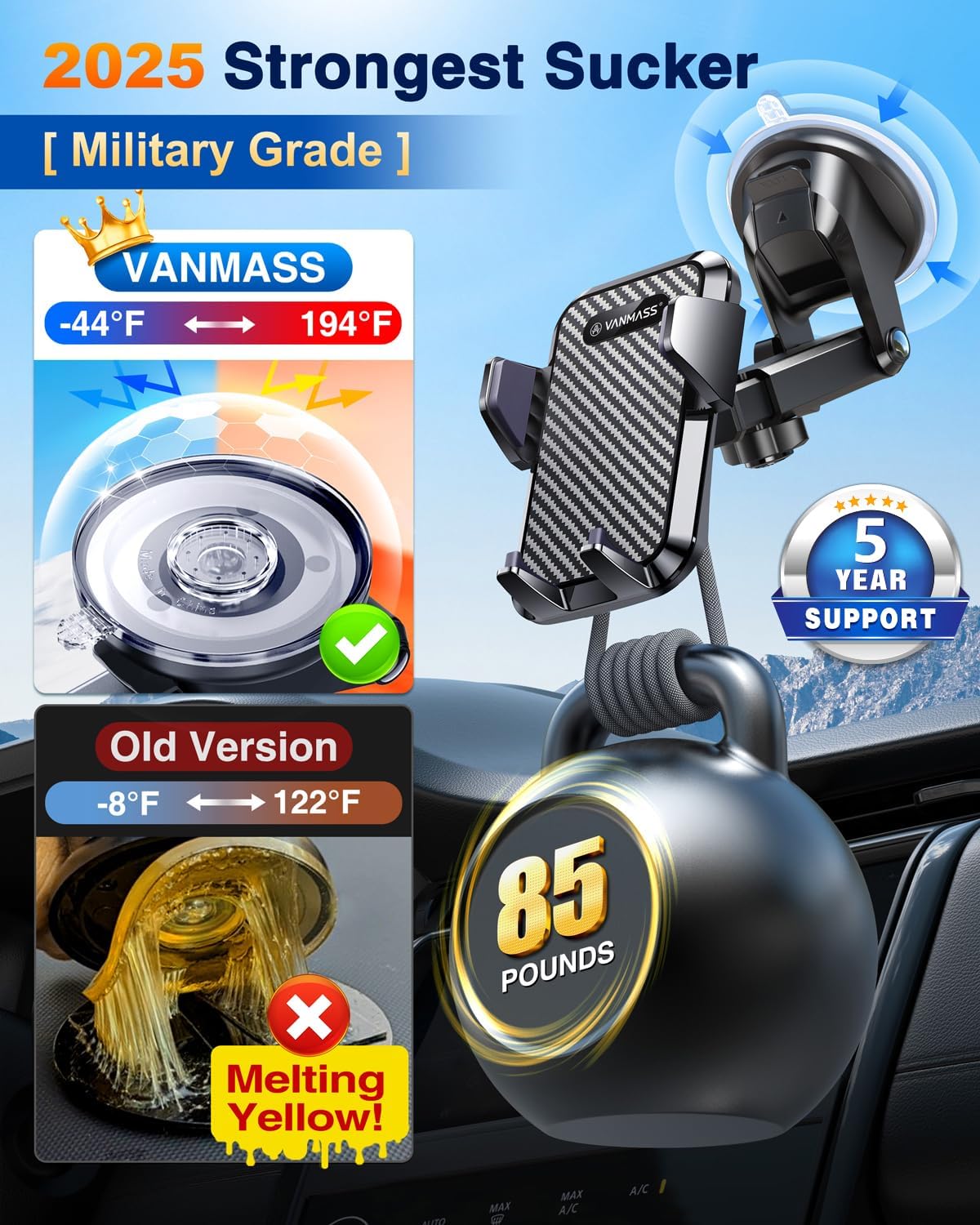 VANMASS 85+LBS Strongest Suction & Military-Grade 2025 Ultimate Car Phone Mount Patent & Safety Certs Cell Phone Holder Truck Stand for Dashboard