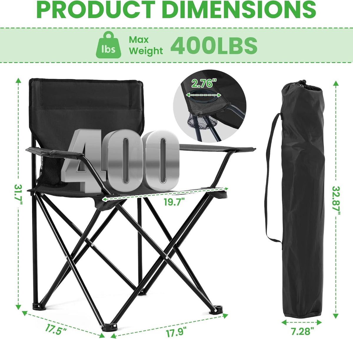 2 Pack Portable Camping Chairs Folding Lawn Chair Outdoor Lightweight Beach Chair with Cup Holder & Carry Bag for Outside Sports, Fishing, Hiking