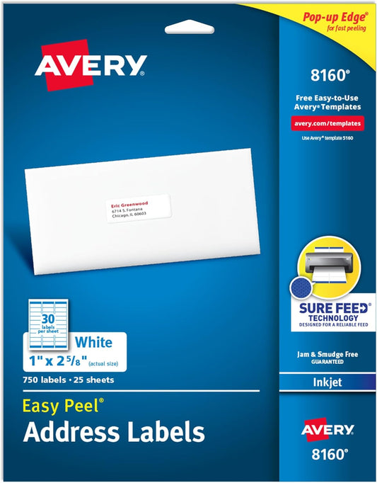 Avery Easy Peel Printable Address Labels with Sure Feed, 1" x 2-5/8" Customizable Stickers, White, 750 Blank Mailing Labels, Great for Mailing