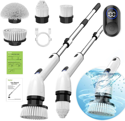TUYU Electric Spin Scrubber, Full-Body IPX7 Waterproof Bathroom Scrubber with Power LCD Display, Adjustable Extension Handle, Cordless Shower Cleaner