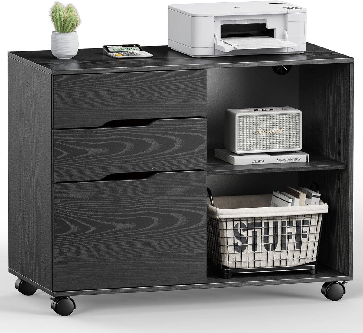 DUMOS Lateral File Cabinet with 3 Drawers Rolling Filing Cabinets Under Desk Storage Printer Stand Wood Organizer with Wheels Adjustable Shelf