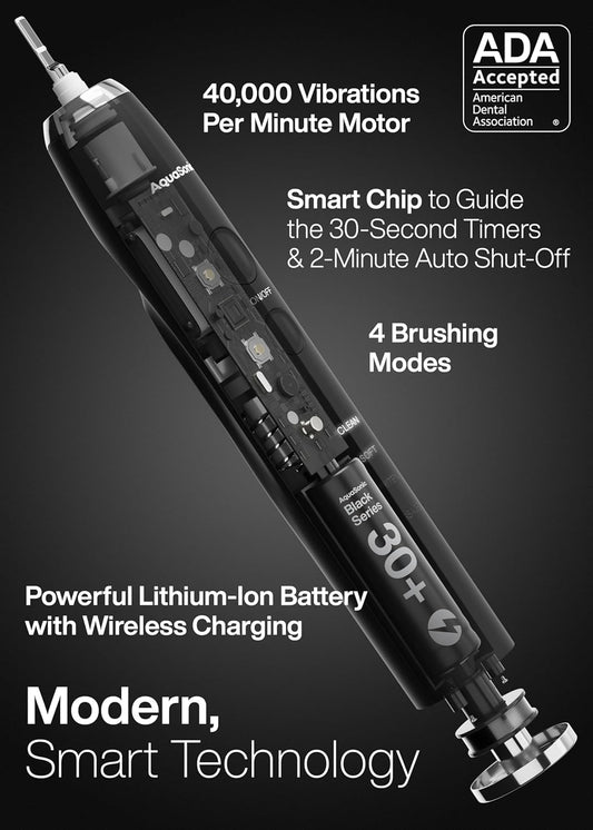 Aquasonic Black Series Ultra Whitening Toothbrush – ADA Accepted Electric Toothbrush- 8 Brush Heads & Travel Case – 40,000 VPM Electric Motor