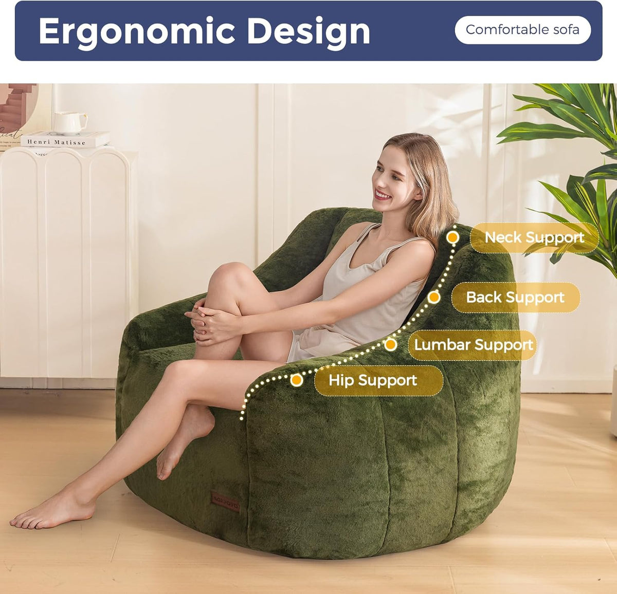 MAXYOYO Bean Bag Chair, Comfy Bean Bag Sofa with Back Support, Faux Fur Bean Bag Chair for Adults and Kids, Stuffed Floor Sofa for Living Room