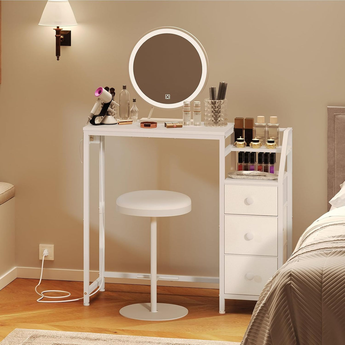 Small Vanity Desk Without Mirror, Makeup Vanity Table with Power Outlet, White Vanity with Fabric Drawers, Dressing Table, for Small Spaces, Bedroom