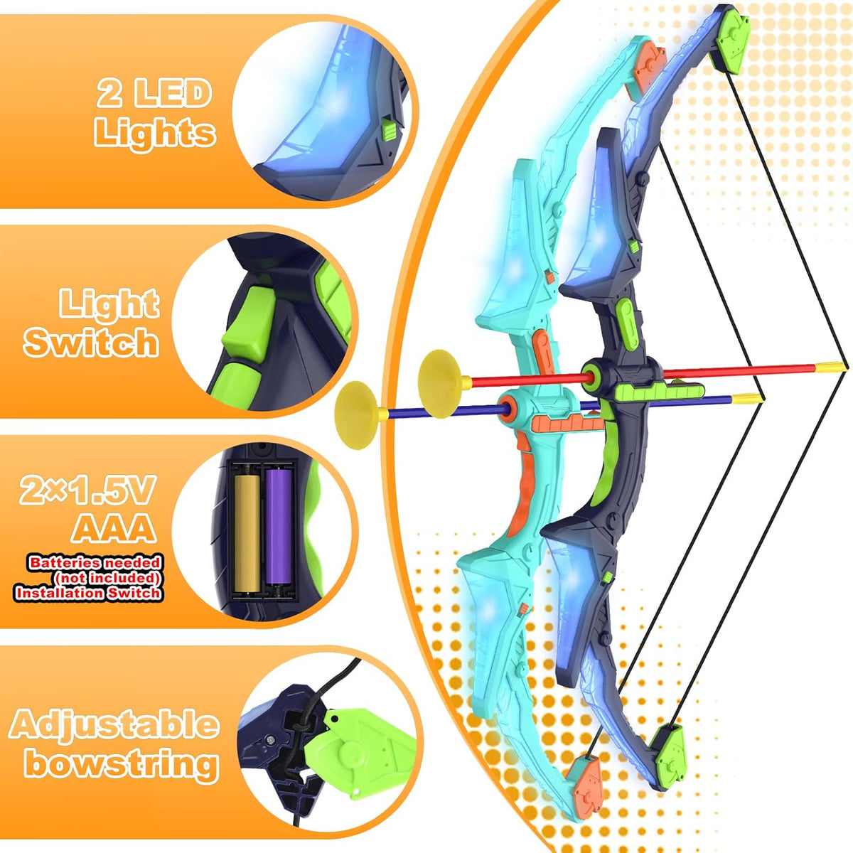 2 Pack Kids Bow and Arrow Set with LED Flash Lights, 14 Suction Cup Arrows and Fluorescence Standing Target-Perfect Indoor and Outdoor Game Archery