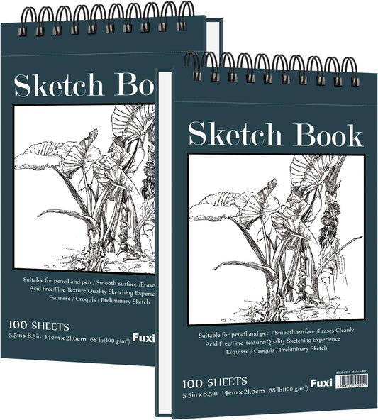 Small Sketchbook 5.5" x 8.5" - 2 Pack Top Spiral Mini Sketch Pad, Small Sketch Book Hard Cover, 100 Sheets Each 68lb/100gsm - Mini Drawing Paper for