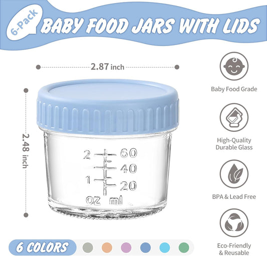 DRKIO 6 Pack Glass Baby Food Storage Containers - 4 Oz Baby Food Jars with Lids Baby Food Maker Microwave Dishwasher Freezer Safe 100% Leak Proof BPA