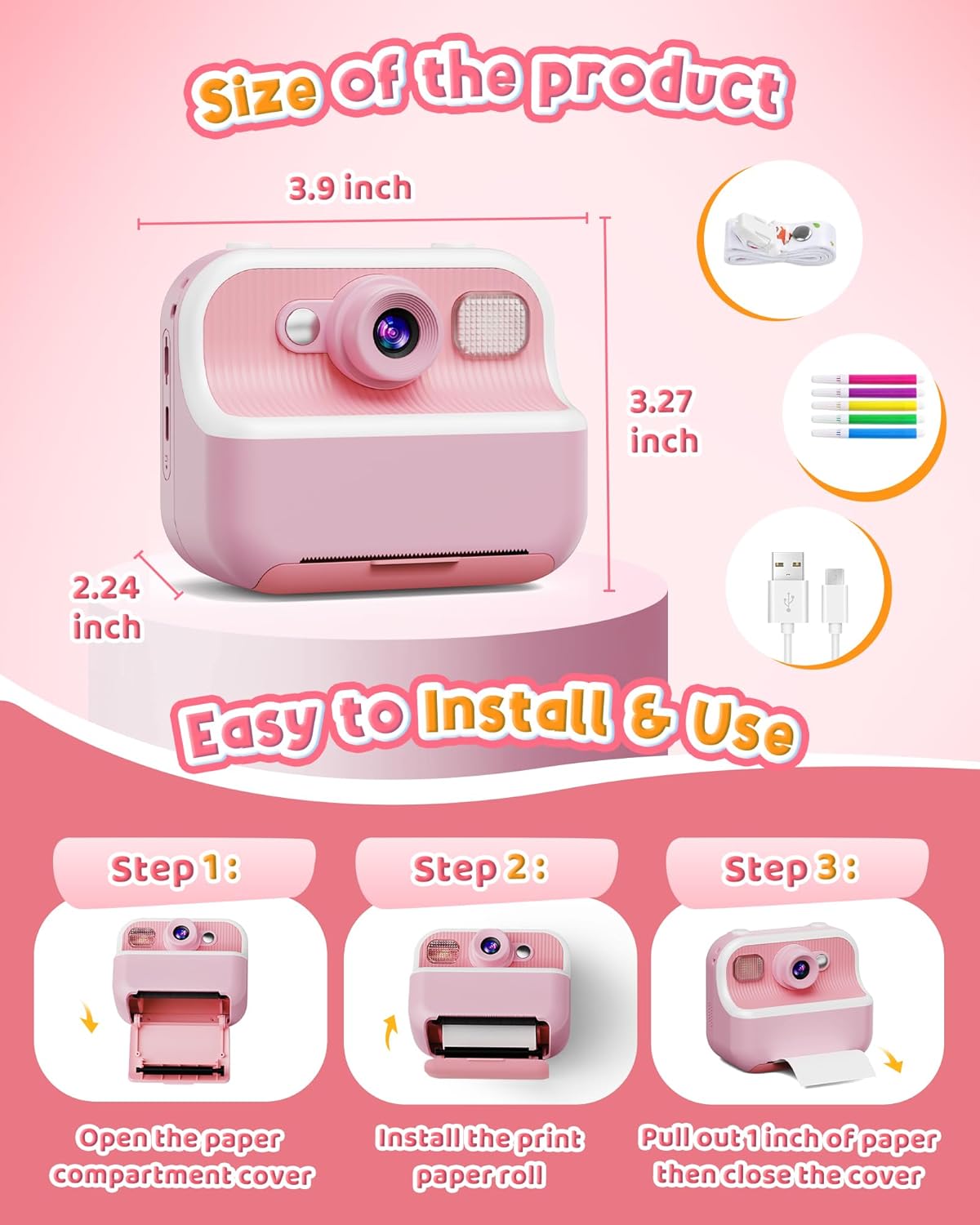 Instant Camera, Front Rear Dual Selfie Kids Camera with 1080P Videos, Holiday Birthday Gifts for Kids Age 3-12, Toddler Portable Travel Print Digital