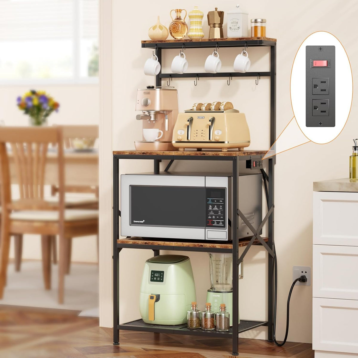 Kitchen Bakers Rack with Power Outlet, Small Coffee Bar Cart 4 Tiers, Microwave Stand Station with 8 S Hooks, Adjustable Shelf, Freestanding Kitchen