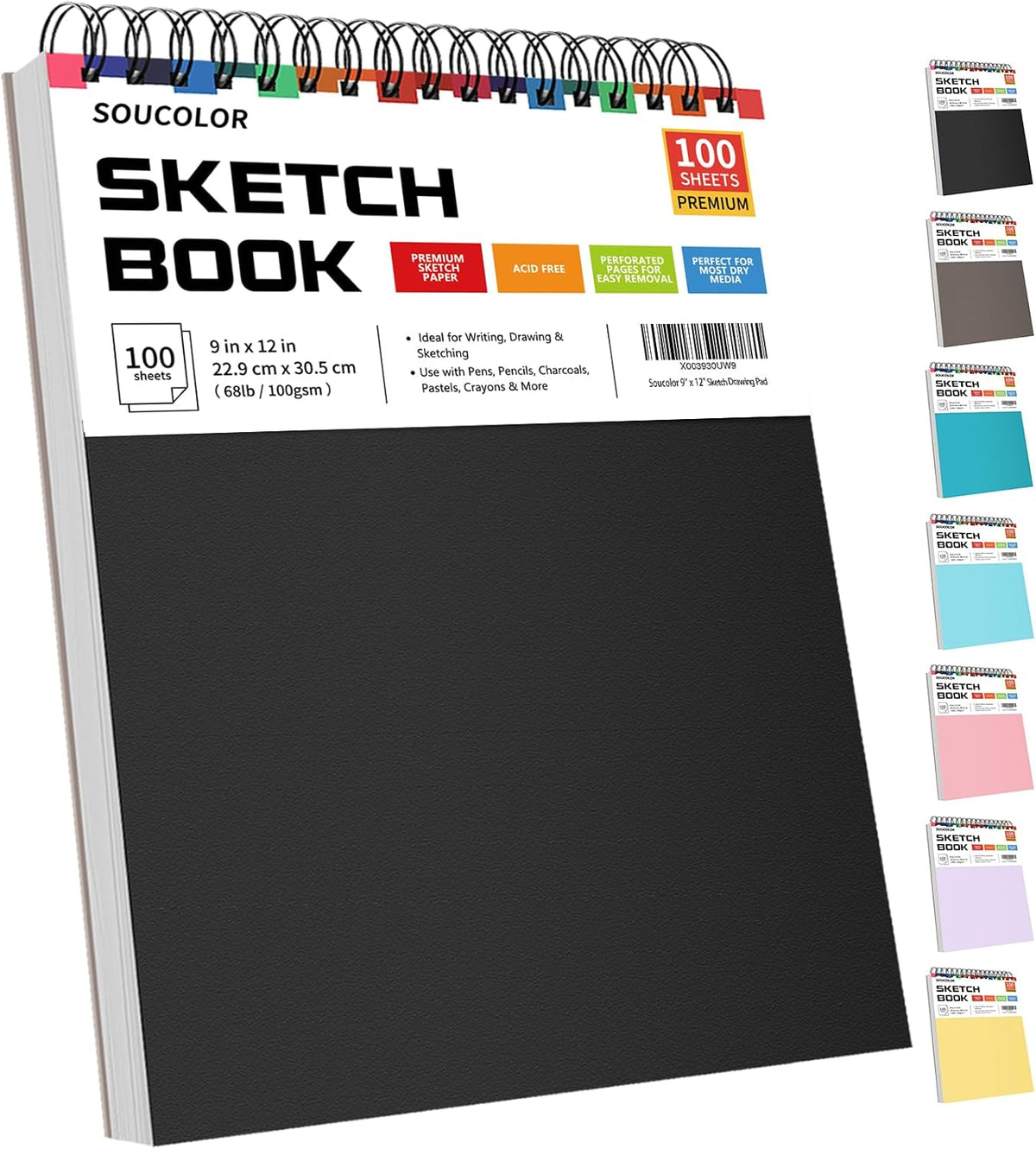 Soucolor Sketch Book, Spiral Bound Acid-Free Sketchbook with 68lb/100gsm for Paper Painting, Drawing, Writing, Artist Sketching Pad for Kids, Adults