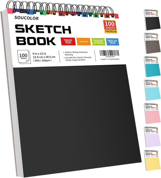 Soucolor Sketch Book, Spiral Bound Acid-Free Sketchbook with 68lb/100gsm for Paper Painting, Drawing, Writing, Artist Sketching Pad for Kids, Adults