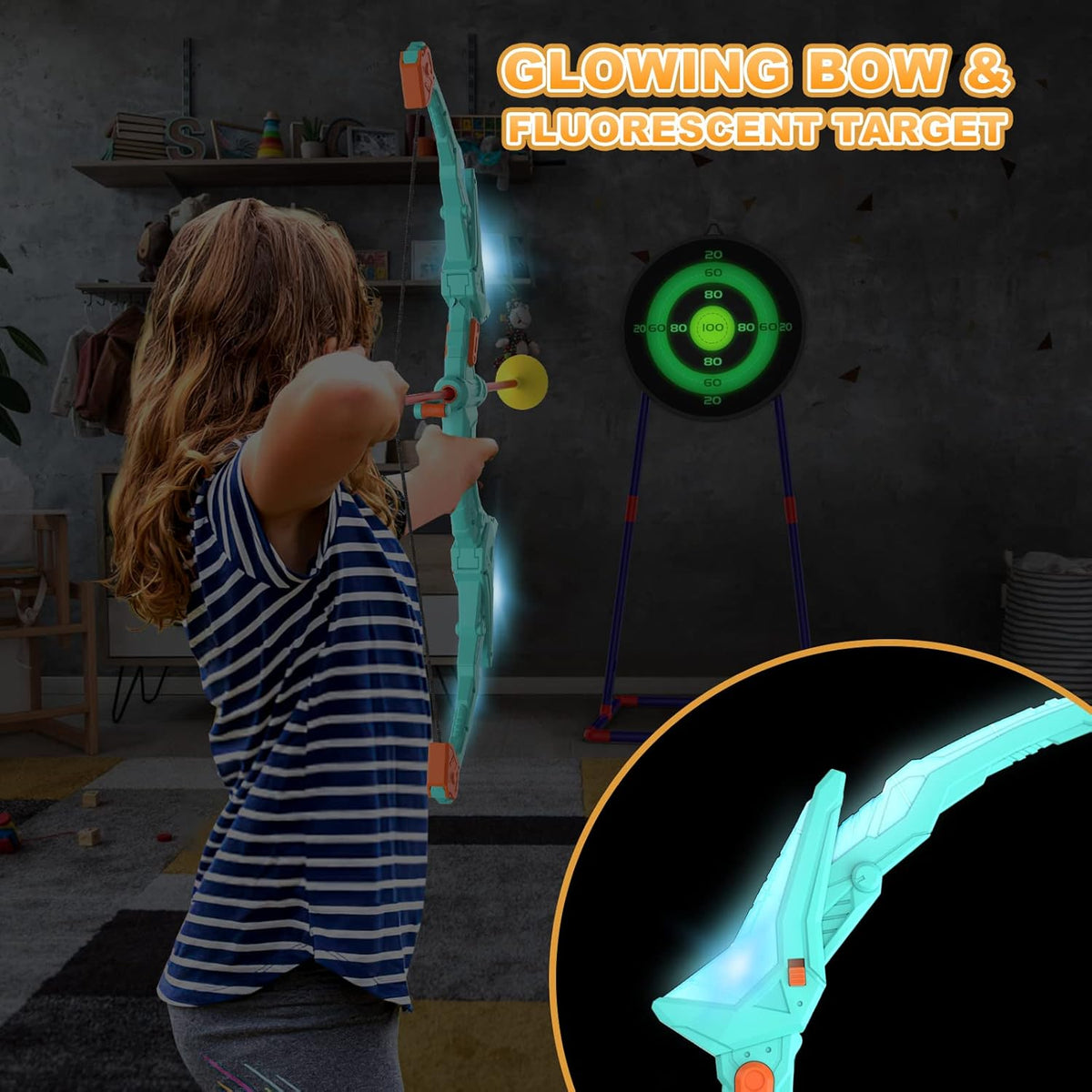 2 Pack Kids Bow and Arrow Set with LED Flash Lights, 14 Suction Cup Arrows and Fluorescence Standing Target-Perfect Indoor and Outdoor Game Archery