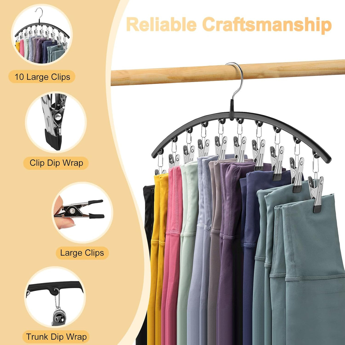 Legging Organizer for Closet, Metal Yoga Pants Hangers 2 Pack w/10 Clips Holds 20 Leggings, Space Saving Hanging Closet Organizer w/Rubber Coated