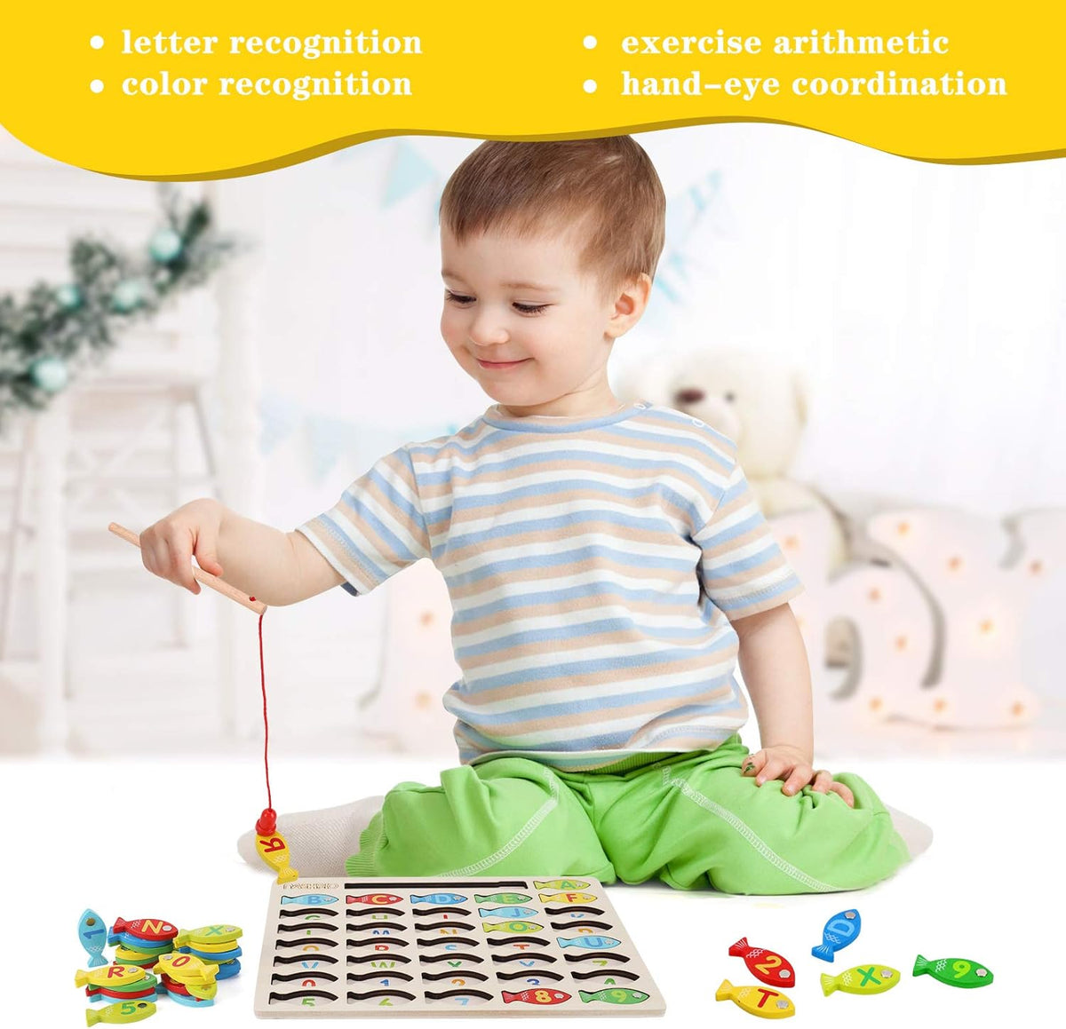 Magnetic Wooden Fishing Game Toy for Toddlers, Alphabet Fish Catching Counting Games Puzzle with Numbers and Letters, Preschool Learning ABC Math