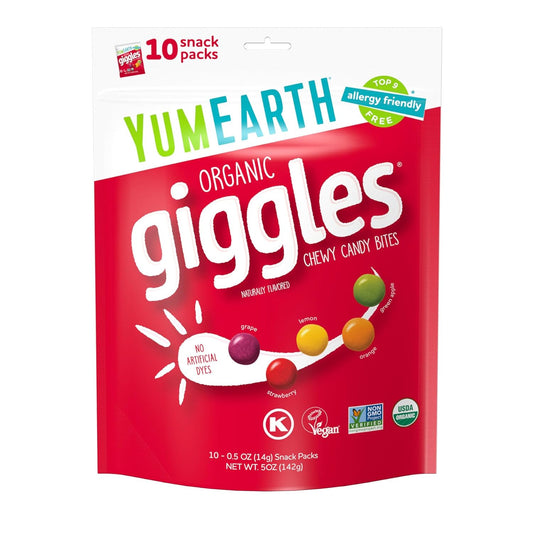 YumEarth Organic Giggles Chewy Candy - Allergy Friendly (Top 9 Free), No Artificial Dyes, Non GMO, Gluten Free, Vegan - Individually Wrapped Fruity