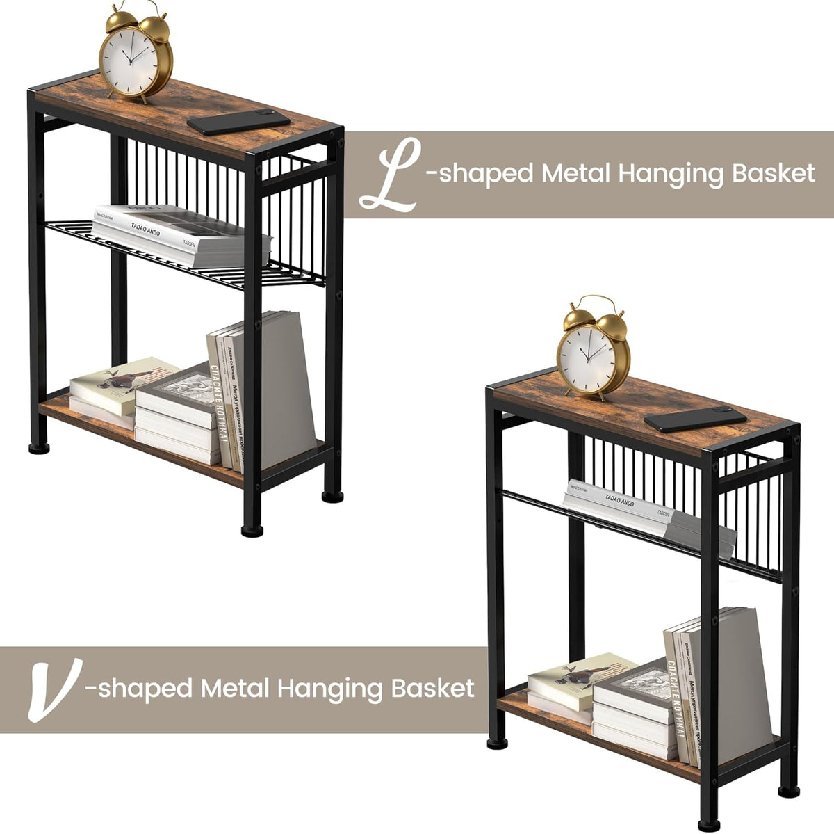 Small Side Table for Small Space, 3-Tier Narrow End Table with Magazine Holder,Slim Nightstand, Skinny Snack Couch Table in Living Room, Bedroom